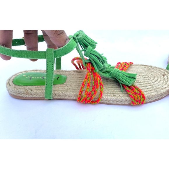 Anthropologie Fringed Rope Sandals Green Suede Boho Tassel Size 10M NWOB - Picture 5 of 14